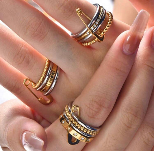 12 pieces stainless steel gold color cubic zirconia ringwaterproof