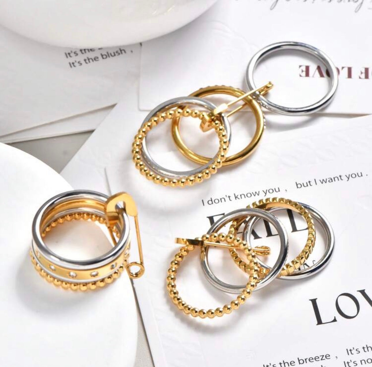 12 pieces stainless steel gold color  cubic zirconia ring￼waterproof