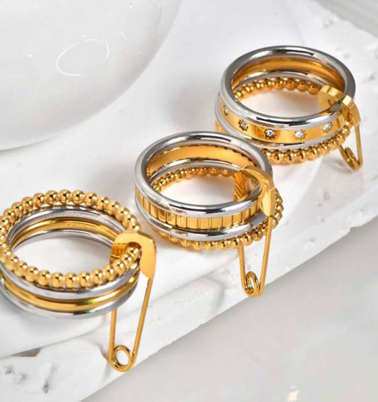 12 pieces stainless steel gold color  cubic zirconia ring￼waterproof